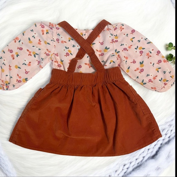 Cat & Jack Floral Top with A Rusty Brown Corduroy Suspender Skirt - Picture 2 of 13